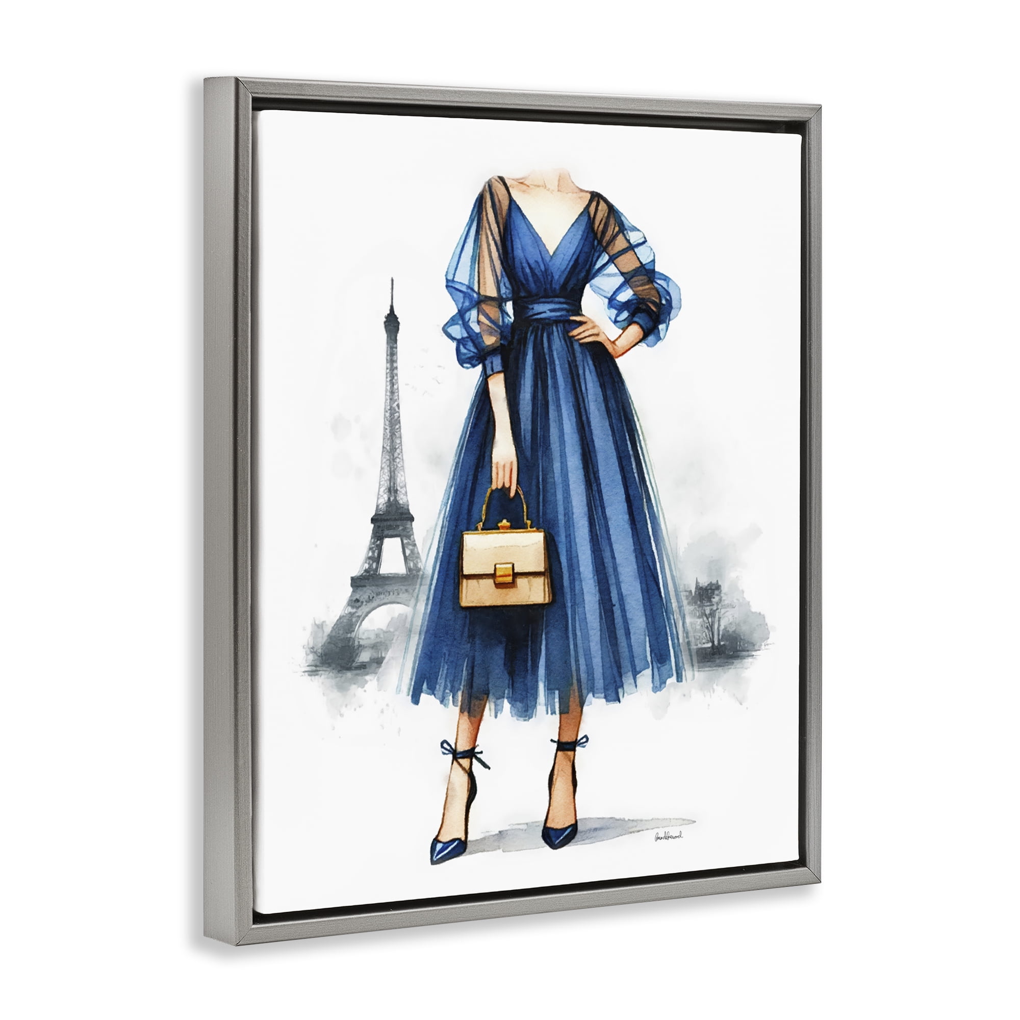Stupell Industries Eiffel Town & Fashion Fashion Painting Gray Floater Framed Canvas Art Print Wall Art, 17 x 21