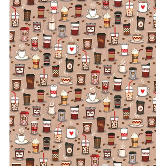 Fabric Traditions Coffee Cups on Tan 100% Cotton Price per Yard