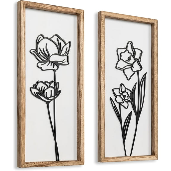 2 Pack Framed Wall Decor 3D Black and White Wall Art (Set of 2) Lightweight, Wooden Ready-to-Hang Framed Floral Wall Art for Bathroom, Bedroom, Living Room or Office – Boho Botanical Farmhouse Decor