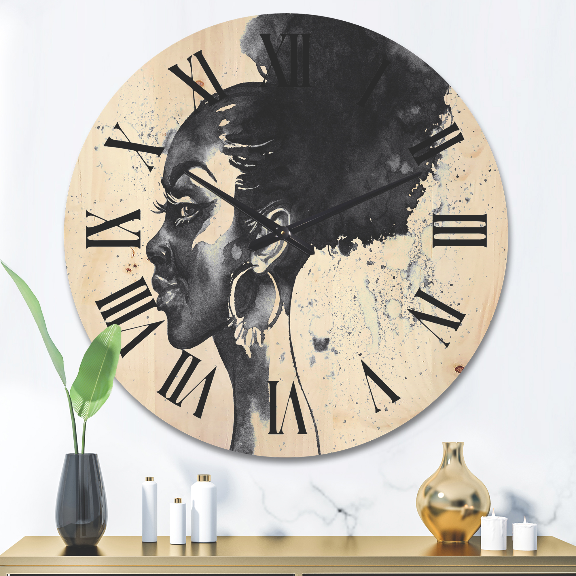Designart 'Black and White Portrait of African American Woman I' Modern Wood Wall Clock