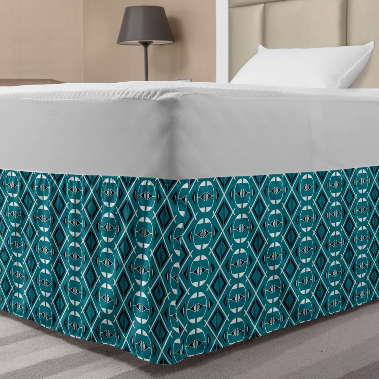 Blue Bed Skirt, Abstract Geometric Patterns Rounded and Triangular