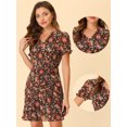 thumbnail image 2 of INSPIRE CHIC Women's Floral Puff Sleeve V Neck Drawstring Ruched Ruffle Dress Black S, 2 of 4