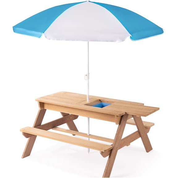 JERFIT 3-in-1 Kids Picnic Table with Umbrella | Solid Wood Convertible Sand Water Play Table | Outdoor Backyard Activity Center for Toddlers & Children