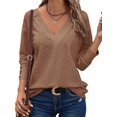 thumbnail image 2 of Women'S Tops Dressy Casual V Neck Long Sleeve Buttons Hollow Out Lace Embroidered Blouses Shirts Coffee Color L, 2 of 7