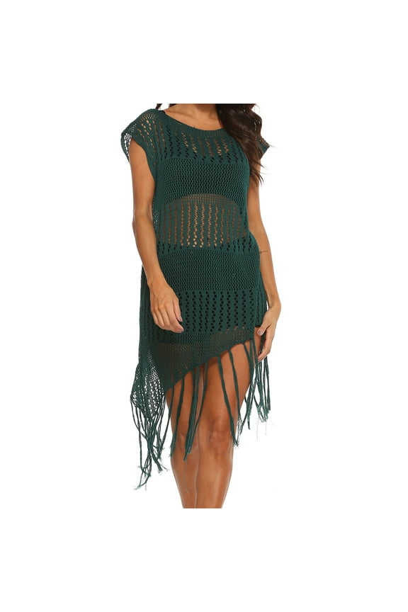 Women's Crochet Bathing Suit Cover Ups Beach Sexy Swim Dress Sleveless Hollow out Fishnet Swimwear Tassel Cover Ups