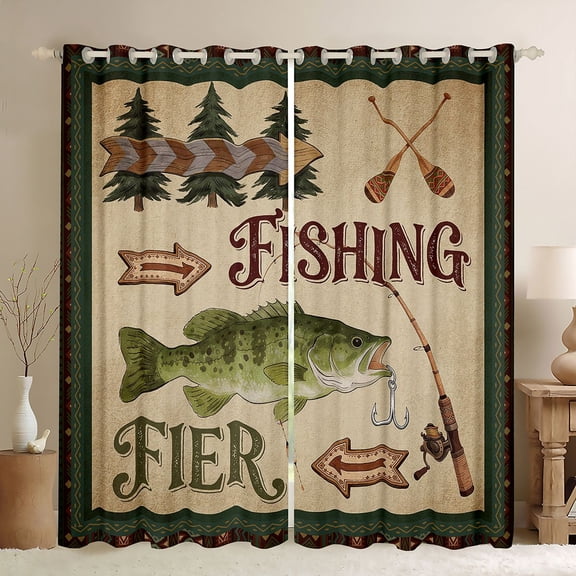 Feelyou Tribal Western Country Fishing Black Out Curtains for Men Boys, Vintage River Animal Curtains Pack of 2 (42x63 Each), Brown Green