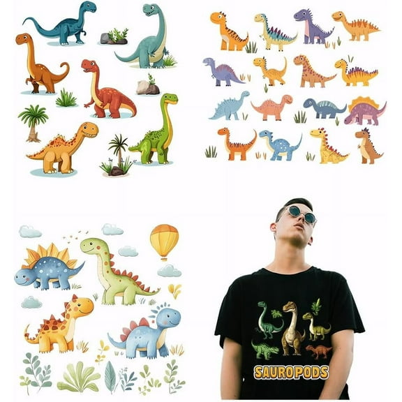 Colorful 4 Styles Cartoon Dinosaur Heat Transfer Dinosaur Iron-On Transfers Plastic Film Logo Stickers Set Clothing Iron on Decals for T-Shirt Canvas Bags Jackets DIY Crafts