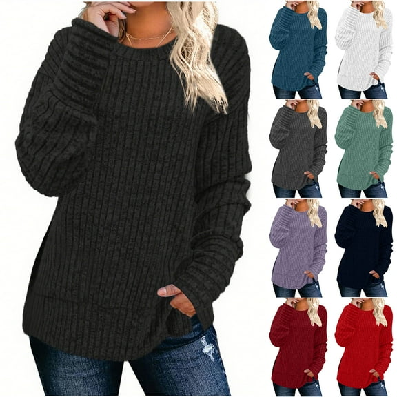 Otntypg Lightweight Tunic Sweater for Women Trendy 2025 Fall Winter Cuffed Long Sleeve Dressy Crewneck Ribbed Knit Sweaters Casual Side Slit Loose Overszied Curvy Hem Blouse Beige Medium