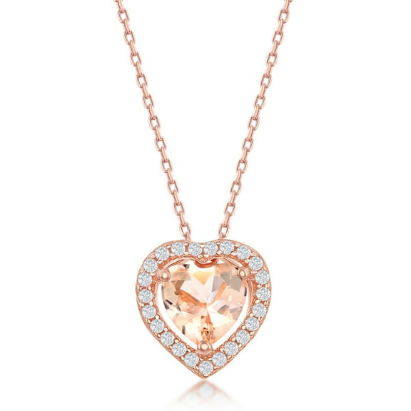 Rose Gold Plated Sterling Silver Heart Morganite and Clear Bordered CZ Pendant Necklace 18''