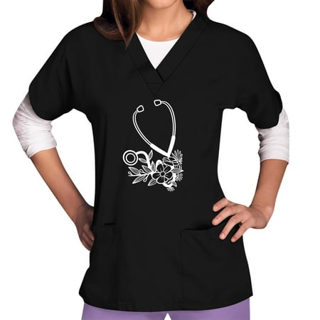 

Funicet Savings Clearance 2023! Womens Scrubs Tops Plus Size Short-Sleeve Nursing Uniform V Neck Working Uniform Cute Nurse Printed T-Shirts w/Pockets