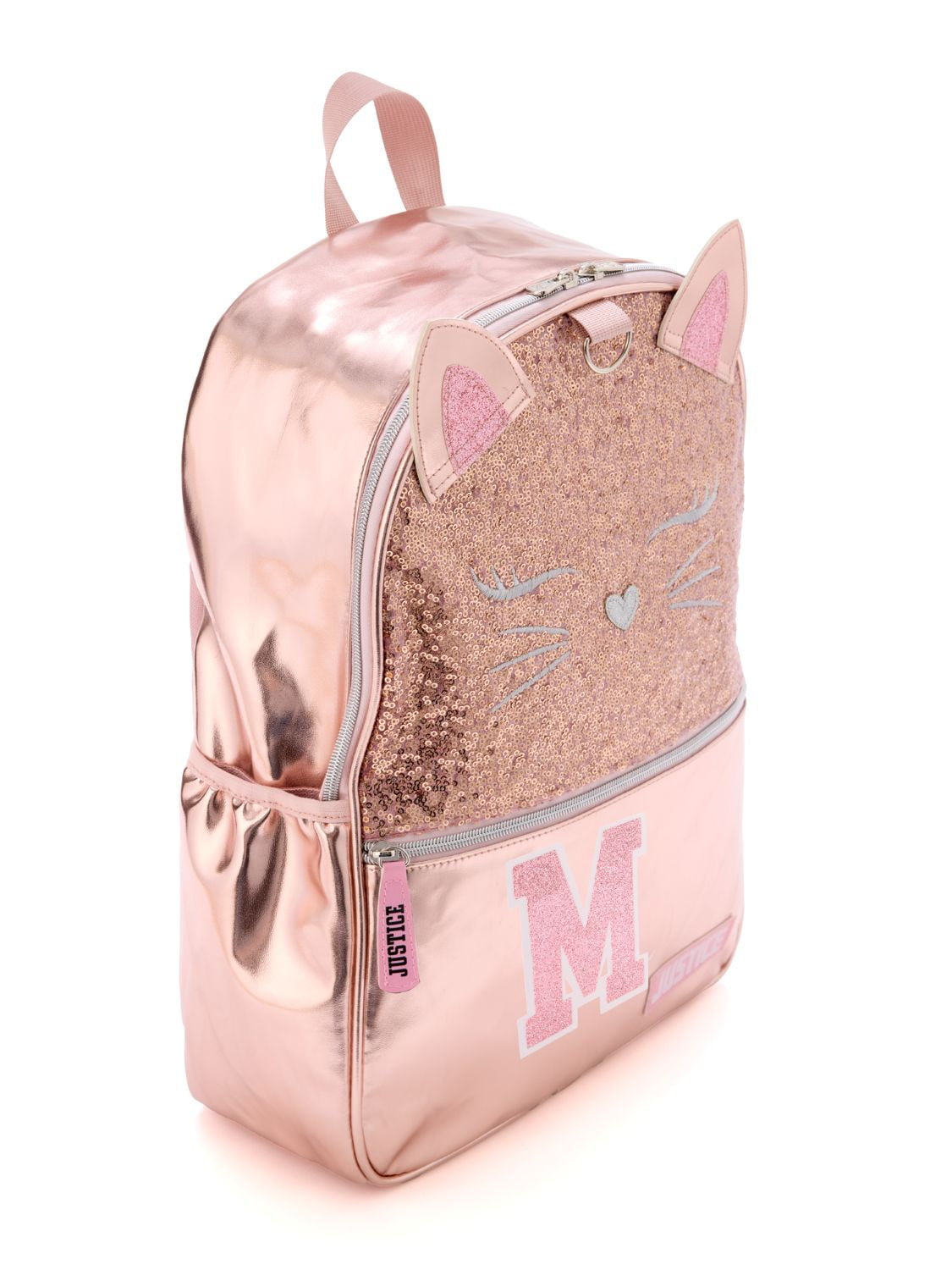 Purr-fectly Pink Glitter "M" Kitty Backpack Set, C-JUSTICE INITIAL BKPK SET- M