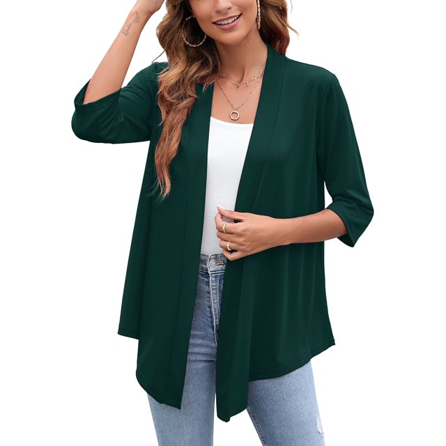 SHOWMALL Cardigans Légers Décontractés pour Femmes, devant Ouvert, Doux, Manches 3/4 Drapées, Taille US 2TG, Vert Foncé