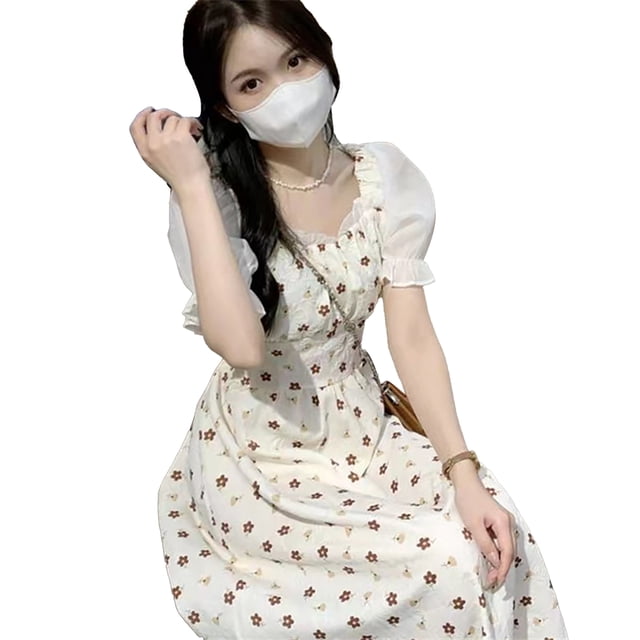 Vestido de manga abullonada, vestido de manga corta con estampado floral y mangas abullonadas, vestido con lazo en la espalda, uso práctico