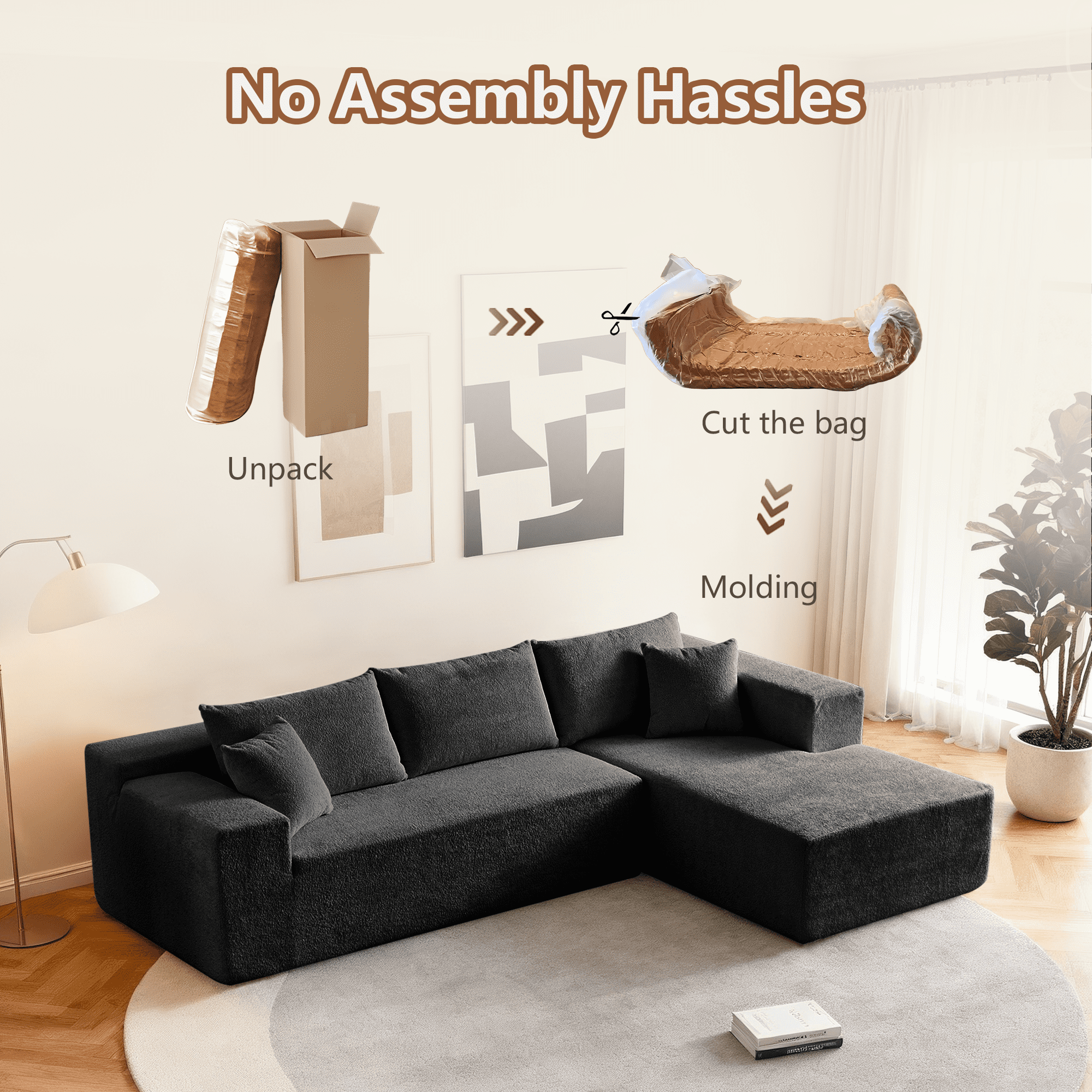 Gewnee Black 3-Seater Deep Seat Compressed Velvet Sofa, Soft Cushion Couch for Living Room & Bedroom