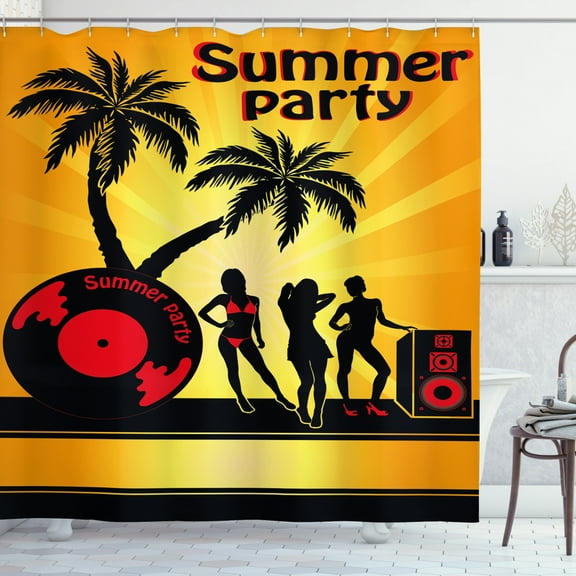 Ambesonne Beach Shower Curtain, Party Girls Vinyl Record, 69"Wx84"L, Orange Grey