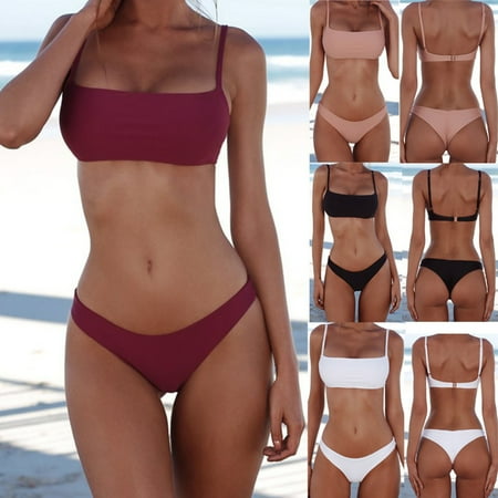 Solid Color Women Padded Wireless Strap Bra Briefs Swimwear Beach Bikini Set