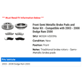 thumbnail image 2 of Front Semi Metallic Brake Pads and Rotor Kit - Compatible with 2003 - 2008 Dodge Ram 2500 2004 2005 2006 2007, 2 of 2