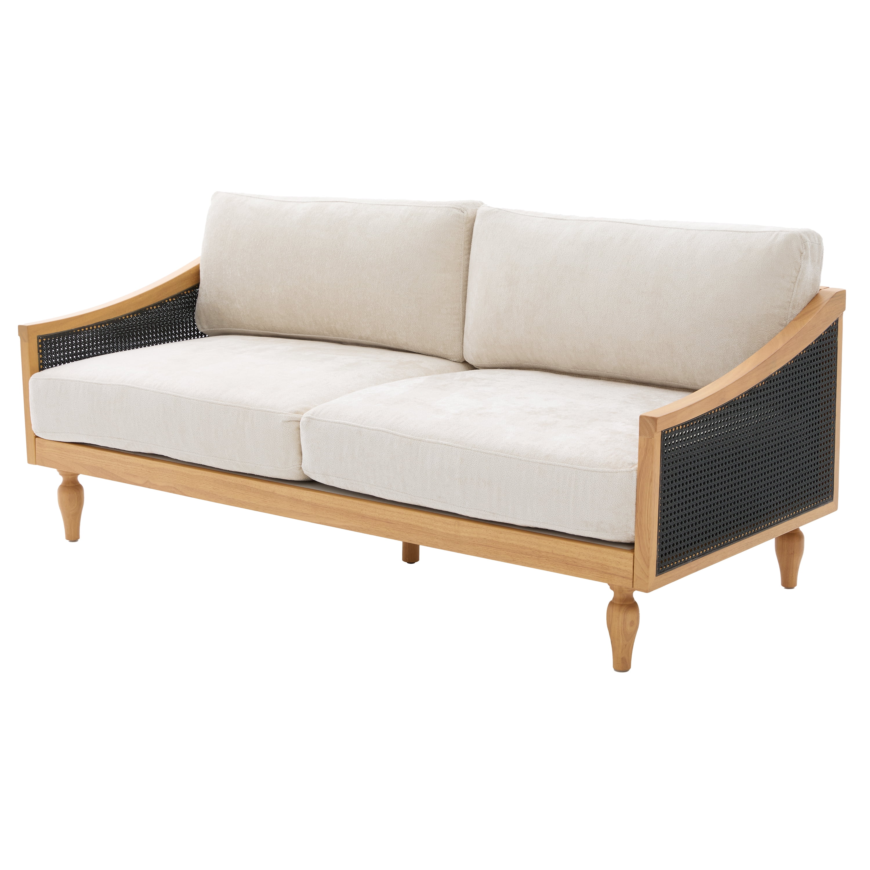 Mid-Century 3-Seater Sofa with Rattan Armrests and Wooden Legs, Chenille Fabric Couch for Living Room and Small Spaces, Black