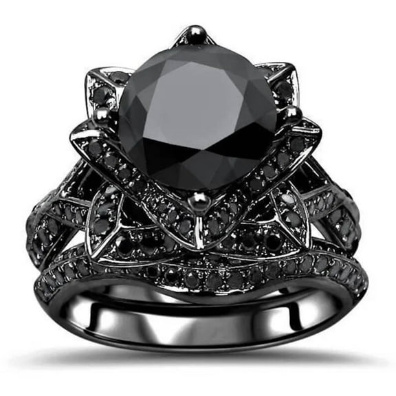 Bluebelljewels Round Cut Black Cubic Zirconia 14K Black Gold Finish Flower Bridal Ring Set