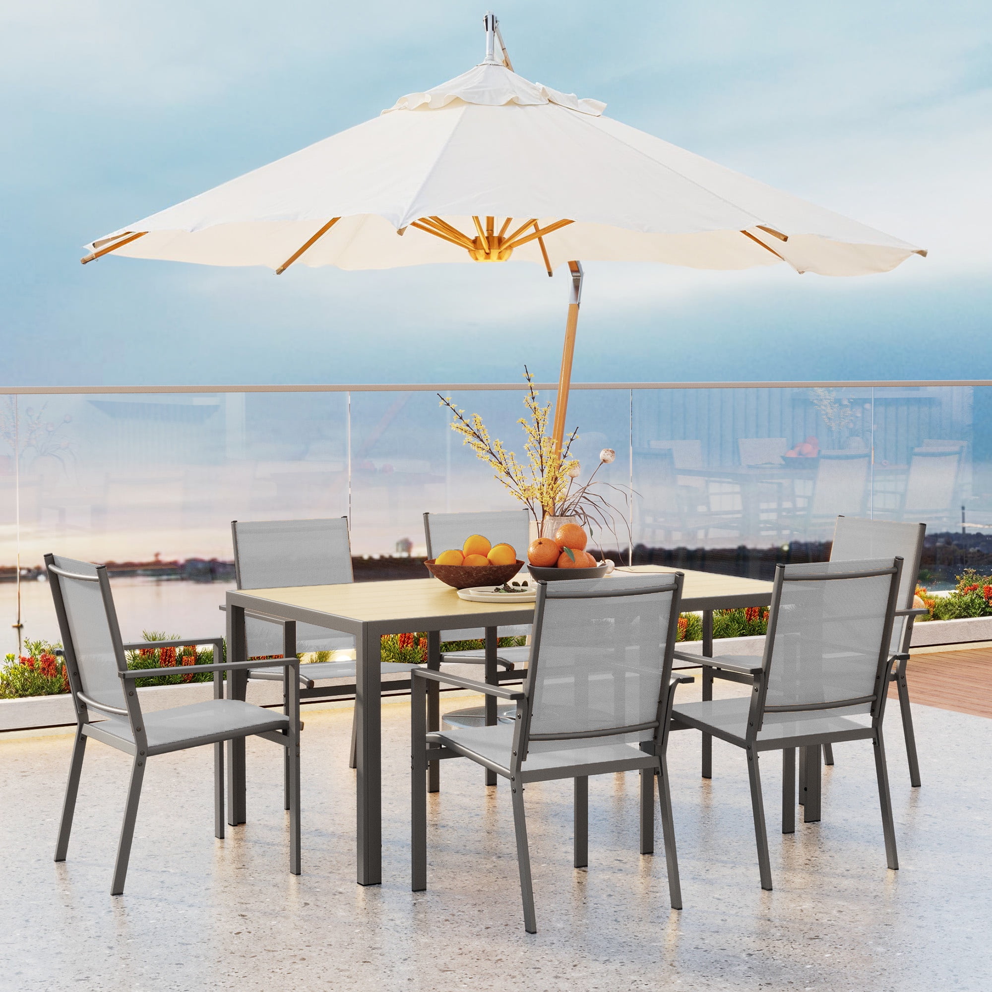 Patio Dining sets for 6, Noelse Outdoor Dining Set includes 59.5" Rectangle Table with Side Umbrella Hole and 6 Textilene Patio Chairs for Backyard, Gray