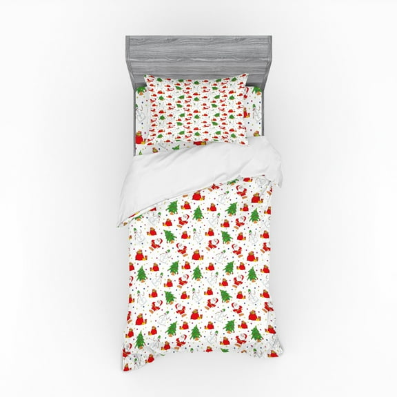 Christmas Duvet Cover Set, Xmas Santa Claus Tree on Colorful Polka Dot Backdrop Surprise Boxes Artwork, Bedding Set with Shams and Fitted Sheet, 3 Sizes, by Ambesonne