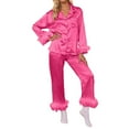 thumbnail image 2 of Letdown Women's Silk Satin Pajama Set Feather Trim Bridal Long Sleeve Pocketed Lounge Sets Sleepwear 2PCS Outfits (Hot Pink,XL), 2 of 5
