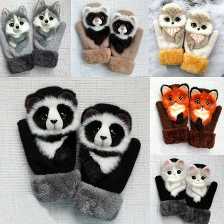 

Cartoon Animal Print Winter Warm Gloves Soft Plush Knitted Hand Protector Gift