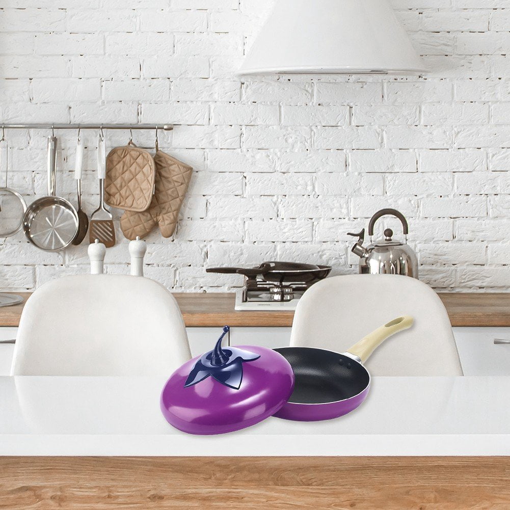 Jiibva 1Pc Purple Eggplant Shape Non Stick Skillet Frying Pan with Lid for Home Induction Cooker
