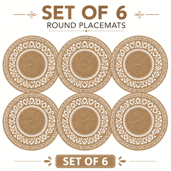 Round Braided Jute Placemats Set of 2, Heat Resistant Dining Table Mats for Kitchen and Coffee Table, Decorative Woven Place Mats for Home Dining Decor, Beige and White Pattern