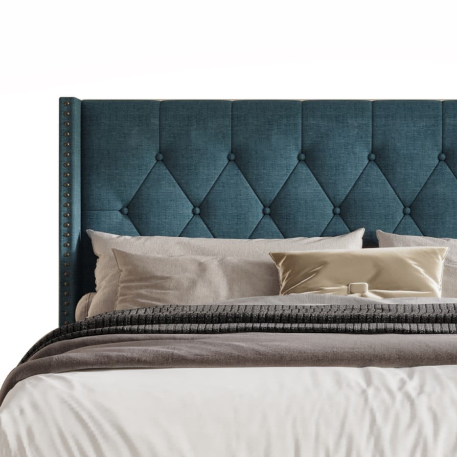 Home Design Andrea Full Upholstered Storage Panel Bed Frame, Button Tufted Linen Wingback Headboard, Denim Blue – Modern Adult Bedroom Furniture
