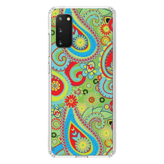 DistinctInk Clear Shockproof Hybrid Case for Galaxy S20 ULTRA / 5G (6.9" Screen) - TPU Bumper, Acrylic Back, Tempered Glass Screen Protector - Green Red Blue Paisley