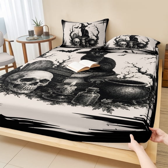 Queen Size Fitted Sheet Set - Halloween 3 Piece Bedding Sets 16" Deep Pocket Fitted Sheet with 2 Pillowcases, Retro Fall Spooky Cats Skulls Bones Bats Branches Brushed Microfiber Hotel Bed Sheets