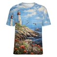 thumbnail image 5 of Lighthouse Sunrise Coast Scenery Pale Blue Tan Women's Short Sleeve T-Shirt Crew Neck Casual Summer Trendy Loose Fit Tops, 5 of 6