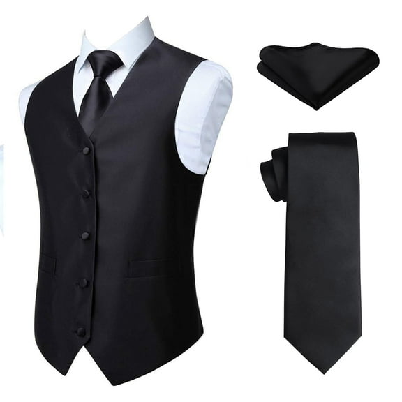 3PC Men's Solid Formal Suit Vest Waistcoat Tuxedo Dress Vest Necktie Handkerchief Set Suit Wedding