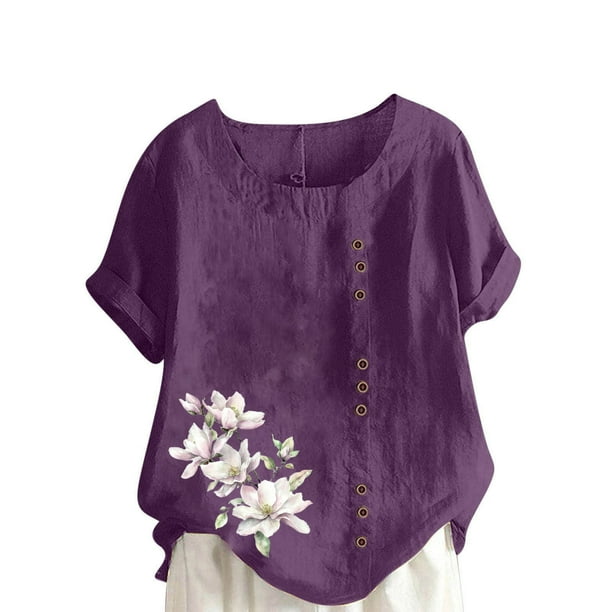 Vestidos Casuales Para Mujer, Blusas De Mujer De Moda Blusa informal de lino con cuello redondo, manga corta y botones para mujer