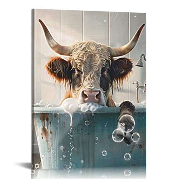 Acheng Bathroom Wall Art,Highland Cow Wall Decor,Waterproof Wood Framed Canvas Wall Art, Cute Funny Animal Bathing Abstract Prints,Modern Home Décor for Bedroom Classroom Farmhouse 12x16 in