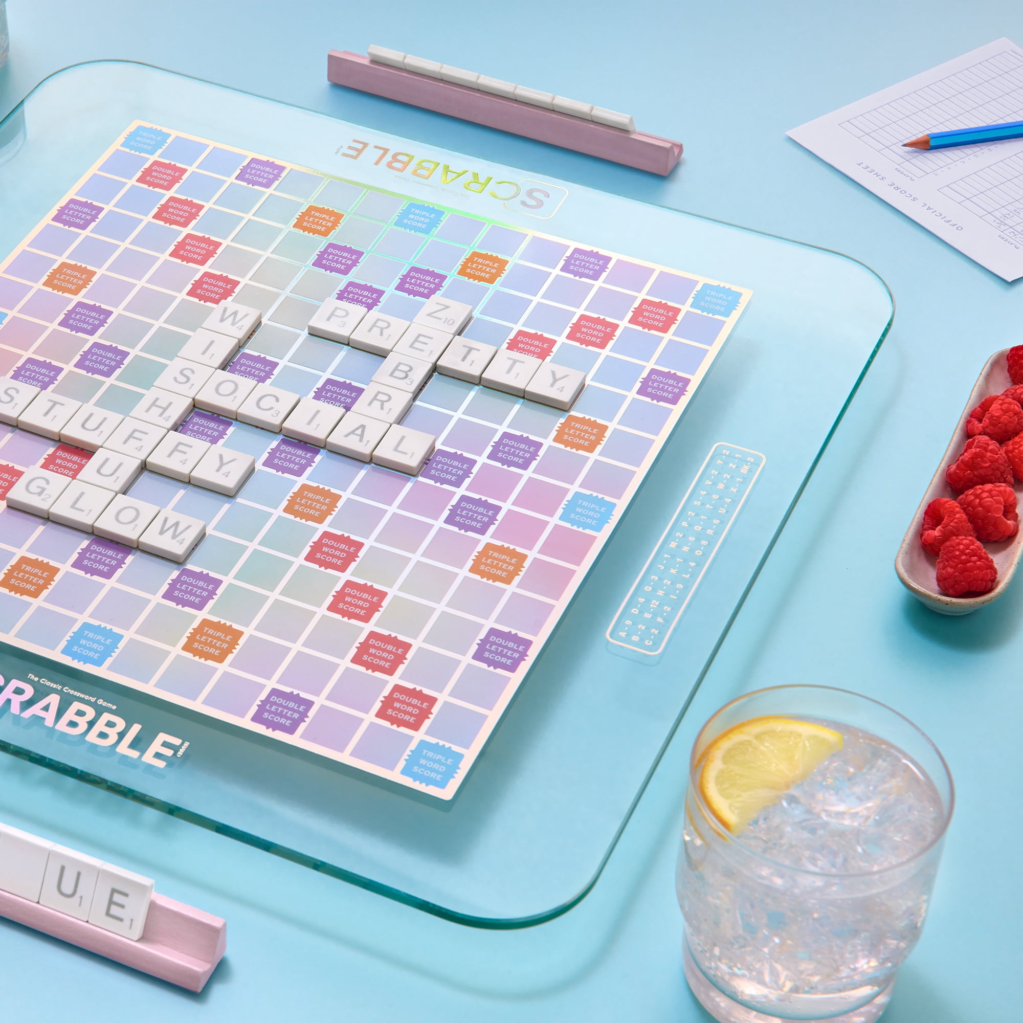 WS Game Company Scrabble Aura Edition – Iridescent Rotating Tempered Glass Game Board, Metallic-Printed Letter Tiles, Luxe Tile Racks & Organizer Tray – Family Word Game for Ages 8+, 2–4 Players