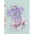 thumbnail image 3 of Seyurigaoka Newborn Girl Short Pants Outfits, Short Sleeve Embroidery Letter Romper + Ruffles Decor Shorts + Bow-Knot Headband Set, 3 of 8