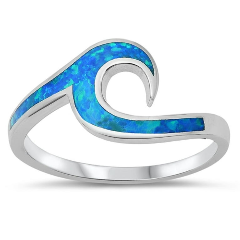 Blue Simulated Opal Ocean Wave Ring Sterling Silver Size 5