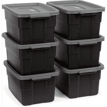 6 Pack, Black & Gray, Rugged Plastic Stackable Storage Bins with Lids and Handles