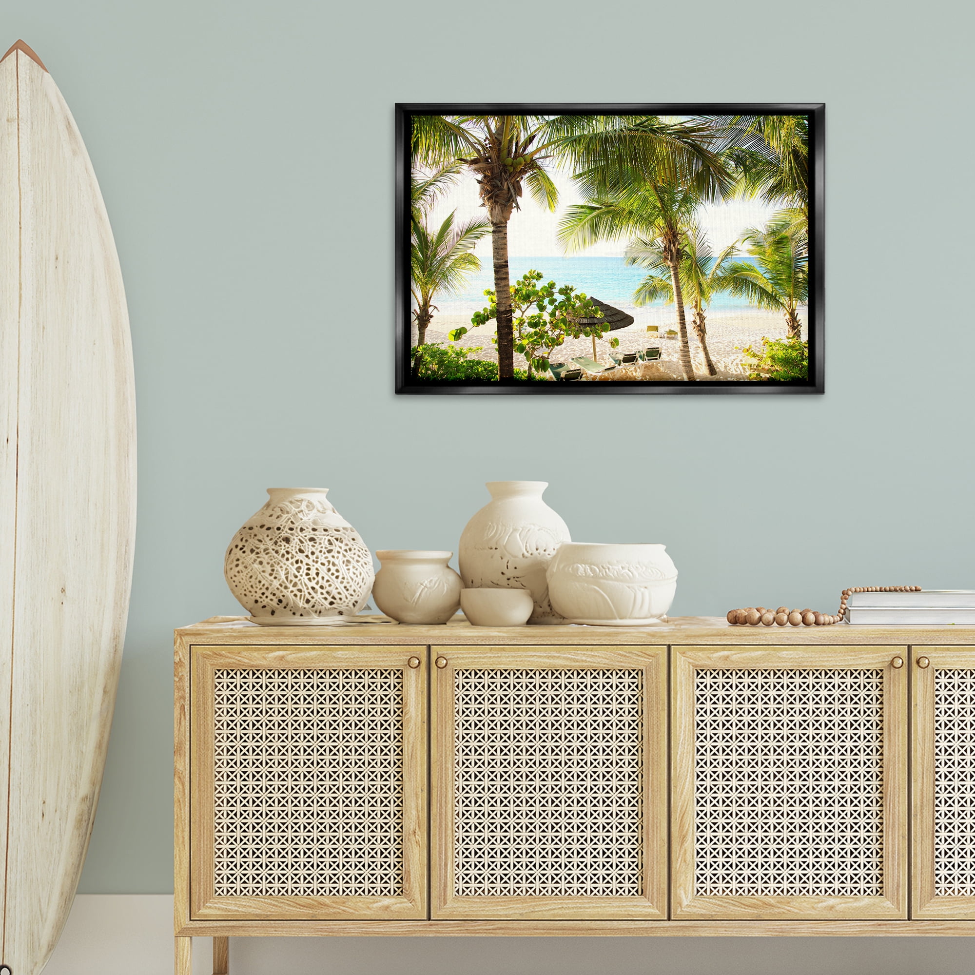 Stupell Industries Tropical Beach Resort Landscape Photography Black Floater Framed Canvas Art Print Wall Art, 31 x 21