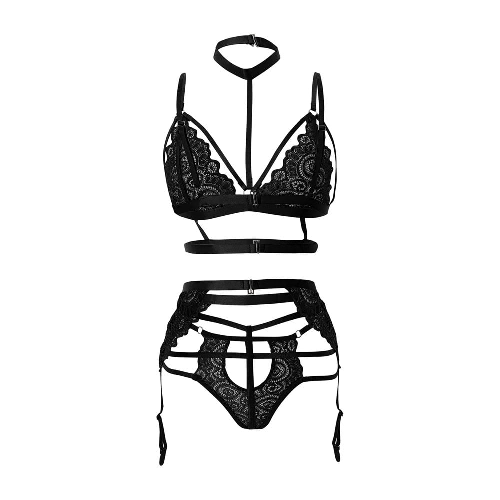Ensemble Lingerie Femme 3 Pièces En Dentelle - Soutien-gorge, Culotte Taille Haute & Porte-jarretelles - Broderie Fleurie