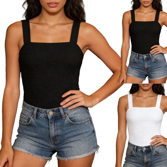 FRSASU Wide Strap Crop Tank Tops for Women Square Neck Slim Fit Cropped Cami Vest Backless Lettuce Trim Solid Tees Top White