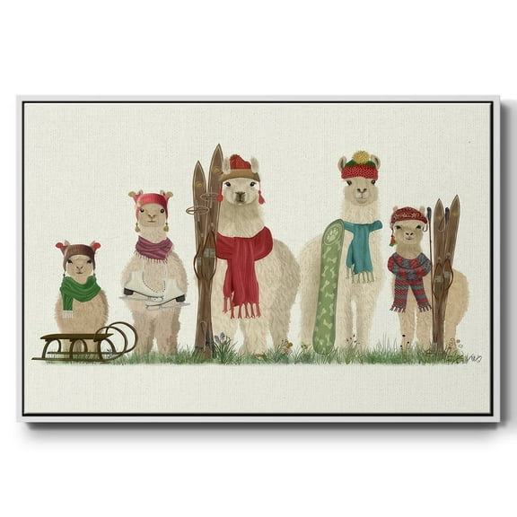 Llama Family Winter Sports - Framed Gallery Wrapped Holiday Canvas - 17 x 25 - White Frame