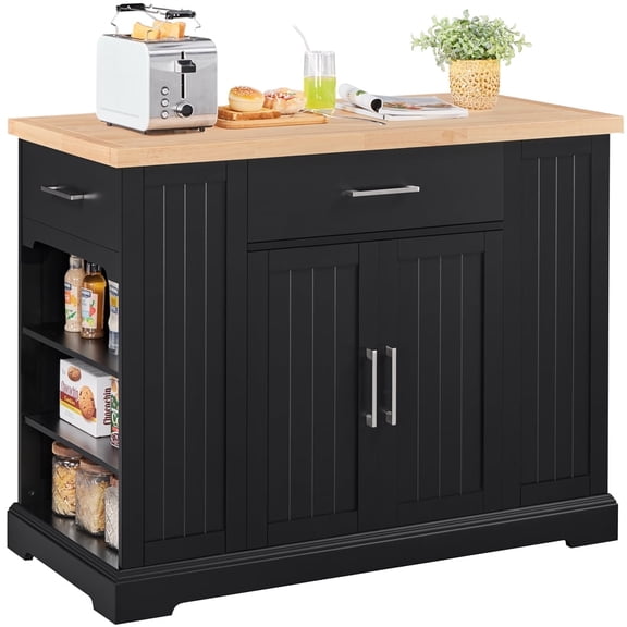 Yaheetech 36″H Wooden Rolling Storage Kitchen Island with Drawer Open Shelving, Black