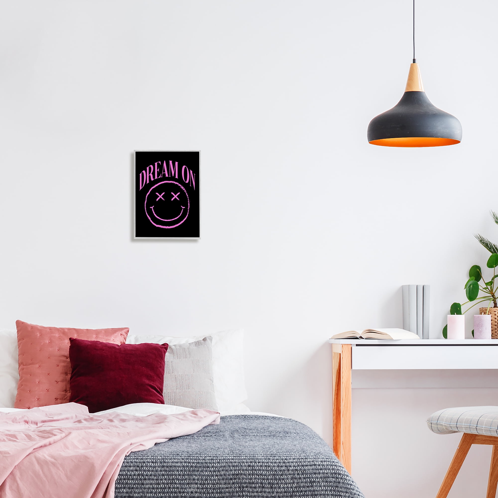 Stupell Industries Dream On Pink Smiley Abstract Painting Gray Framed Art Print Wall Art, 11 x 14