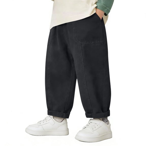Toddler Boys Balloon Trousers Elastic Waist Solid Cotton Loose Fit Tapered Pants with Big Patch Pockets for Spring Fall Daily Playwear, 1T-10Y