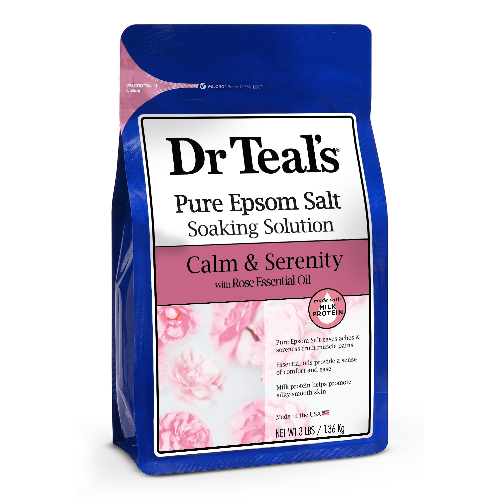 Dr Teal's Pure Epsom Salt Soak, Calm & Serenity with Rose Essential Oil & Milk Protein, 3 lbs
