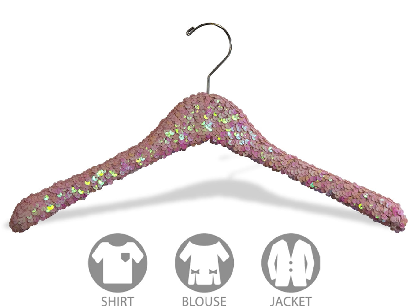 International Hanger Curved Pink Sequined Solid Wood Top Hanger, 360-Degree Swivel Hook, Decorative Sequin Covered Wooden Hanger for Shirts, Jackets, Dresses, Bridal - 3 Pack
