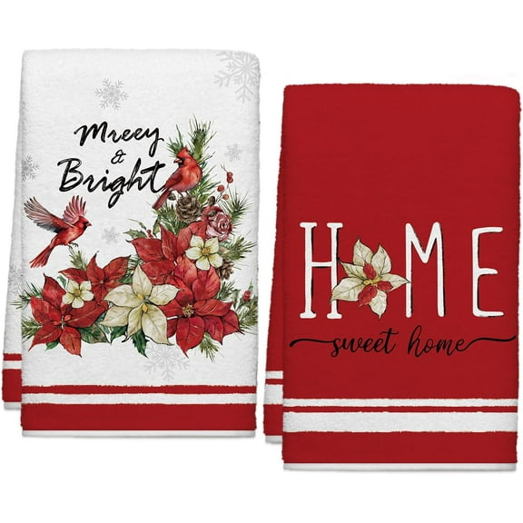 Christmas Red Cardinal Poinsettia Kitchen Towels Snowflakes Dish Towels Set of 2, Winter Xmas Seasonal 18 x 26 Inch Hand Towel Quick Drying Dishcloth Decor for Kitchen Bathroom Home